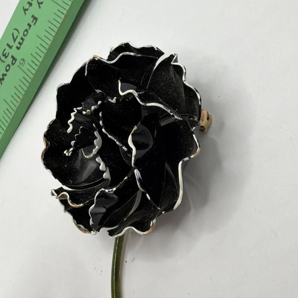 Vintage‎ 1950s Silver Tone Mid Century Black Flower Brooch